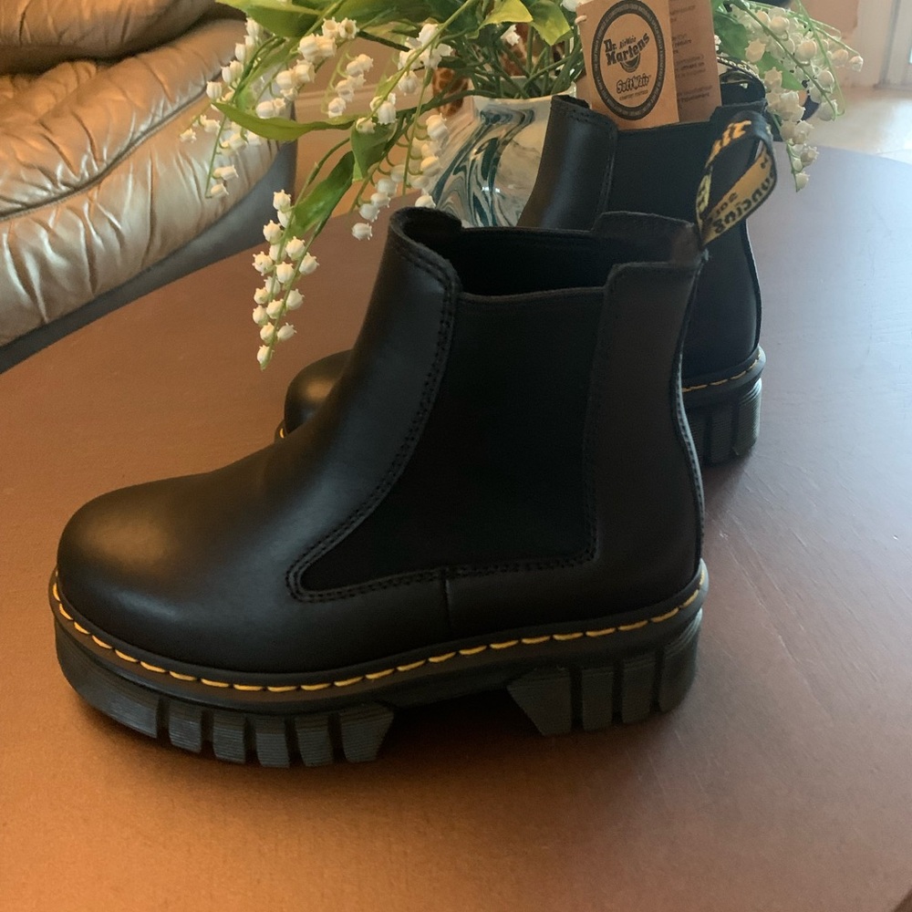 Dr. Martens Black Ankle Boots with Yellow Stitching - Picture 2 of 6